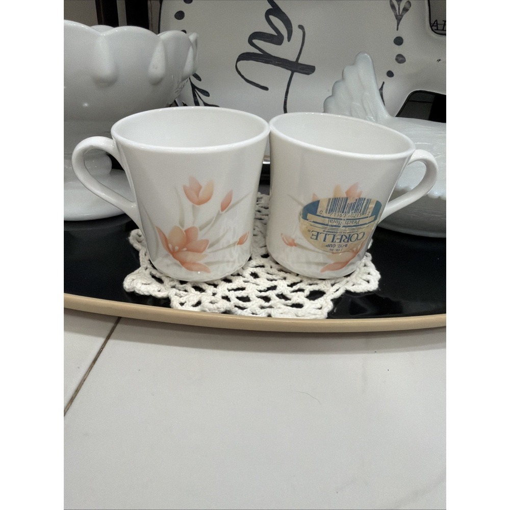 Set 2 W/Tags  Vintage CORELLE CORNING PEACH FLORAL FLOWERS COFFEE TEA CUPS MUG